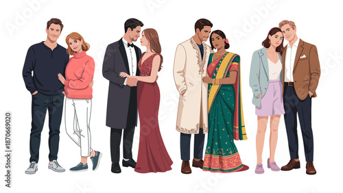 Harmony in Love: A collection of diverse couples stand side-by-side, in embrace, celebrating the spirit of togetherness, capturing the essence of partnership and affection. 