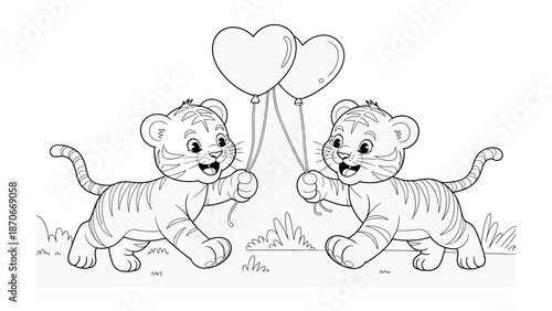 Playful Cubs with Heart Balloons: Two adorable tiger cubs frolic, each holding onto a heart-shaped balloon, in a scene of youthful joy and innocent celebration.