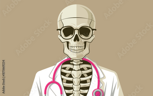 Skeleton doctor with stethoscope wearing glasses in a medical illustration style