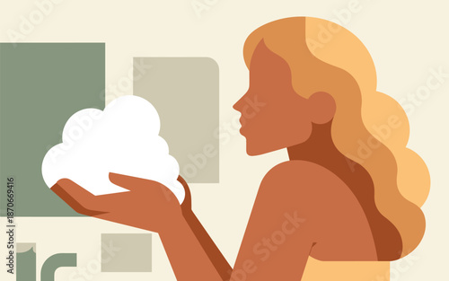 A serene illustration of a woman holding a cloud, embodying tranquility and peacefulness.