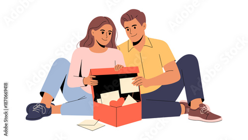 Sentimental Keepsakes: A loving couple, immersed in the tender moment of sharing cherished mementos from a treasure box, each glance, a shared story, a whisper of connection.