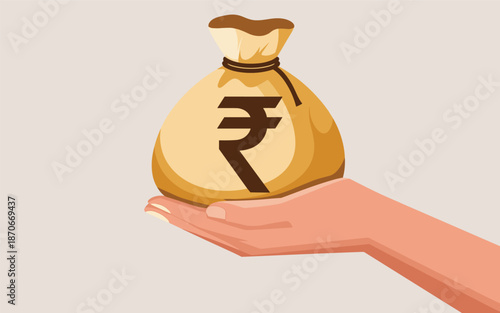 A hand holding a money bag with rupee symbol