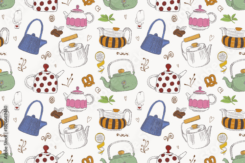 Seamless tea and teapot pattern for cozy tea party moments in hand drawn sketch style