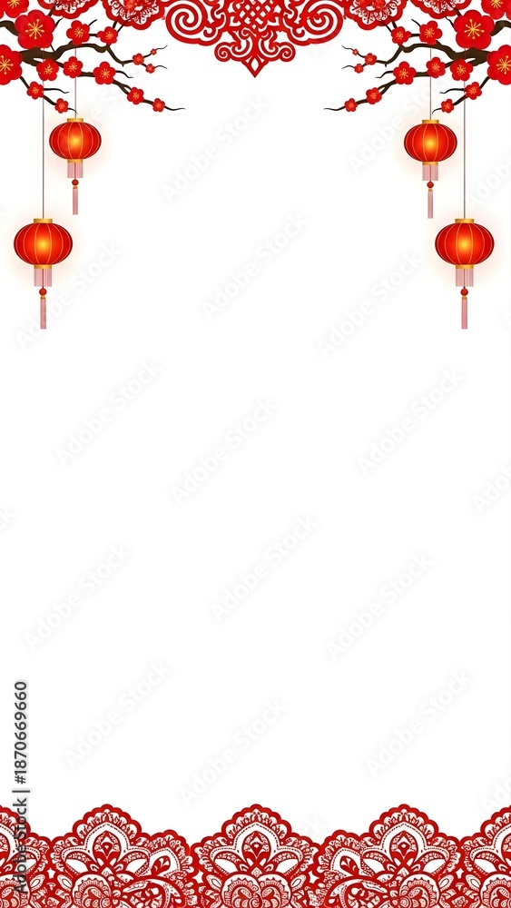 Obraz premium Chinese new year background template featuring traditional red lanterns and plum blossom