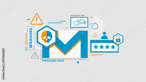 Phishing mail alert concept with envelope icon, skull symbol, and warning signs in flat vector style. Cyber security threat visualization for data protection and online fraud awareness themes. warning