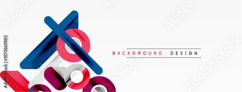 Abstract geometric shapes overlap, creating dynamic composition. Red, pink, blue hues dominate white background. Modern design element.