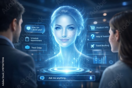 Artificial intelligence chatbot assisting customer through futuristic holographic customer service interface