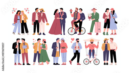 Celebration of Love: A diverse and vibrant illustration depicts couples of different backgrounds, orientations, and stages of relationships. This heartwarming scene captures love, unity.