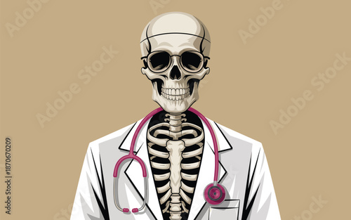 Skeleton in a white lab coat with a stethoscope around its neck standing against a beige background