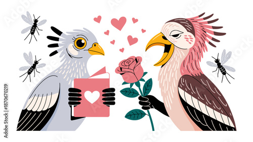 Romance of Birds: Two charming birds, amidst a flurry of hearts and insects, express their love with a rose and a book, a delightful display of affection.