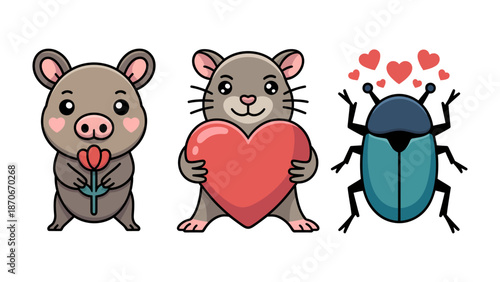 Whimsical Critters: Captivating cartoon animals exude love and charm. A delightful illustration of animal characters, each with its unique charm and a touch of affection.
