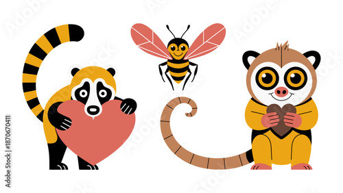 Love's Whimsical Trio: A charming composition featuring a raccoon-like creature and a small primate, each embracing a heart, complemented by a friendly bee.
