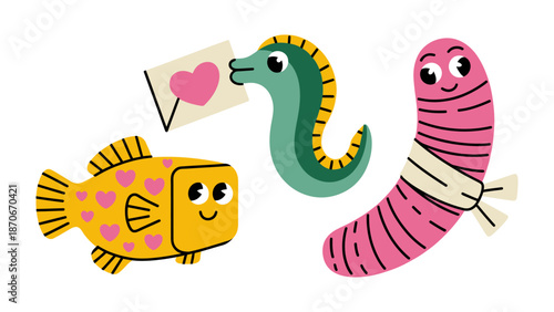 Love at Sea: A charming trio of sea creatures - a whimsical fish, a friendly seahorse, and a tender worm - radiate warmth and affection, bringing hearts together. 