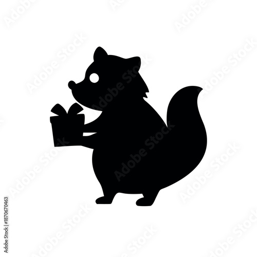 Cute raccoon silhouette holding a small gift in charming animal character style On white Background Vector illustration