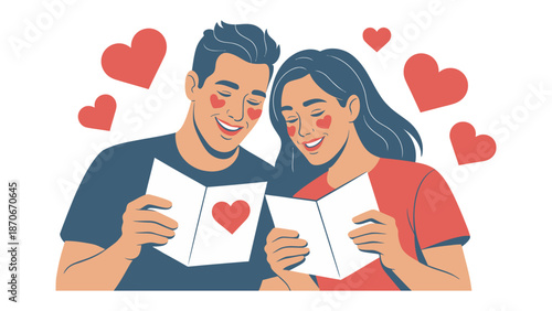 Love's Sweet Gesture: A tender moment unfolds as a couple shares a heartfelt greeting card, their faces illuminated with affection, surrounded by floating hearts. 