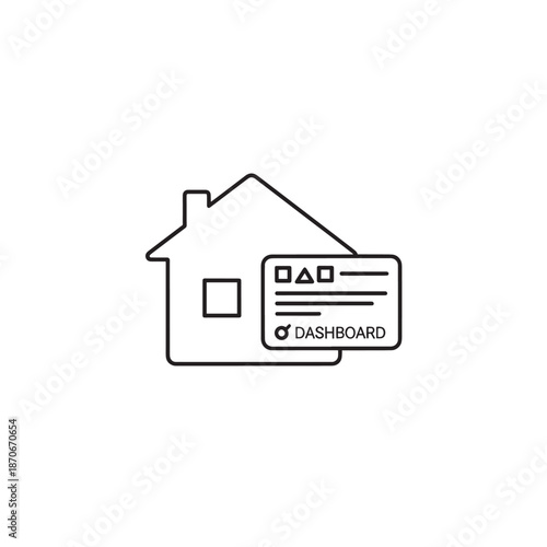 Minimal line art icon of a house with dashboard interface for graphic design.