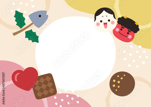 2月の背景イラスト、節分とバレンタインのイラストバナー｜鬼とお多福、チョコレートとハート、コピースペースあり