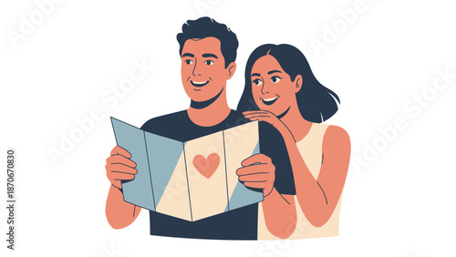 A Moment of Romance: A couple shares a tender moment as they read a heartfelt greeting card, symbolizing love, connection, and the beauty of human relationships. 