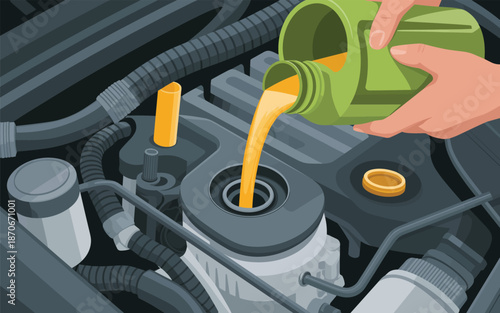 A hand pouring oil into a car engine from a green container