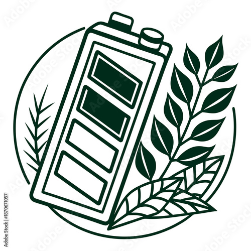 A stylized illustration shows a rechargeable battery surrounded by various green leaves within a circular border, suggesting eco-friendly power.