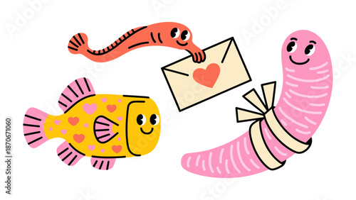 Aquatic Animals Expressing Love and Affection: A heartwarming illustration of a seahorse, worm, and fish expressing affection with a letter.