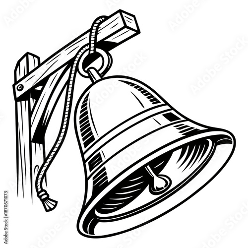 An antique-style metal bell hangs suspended by a thick rope attached securely to a rough wooden post structure.