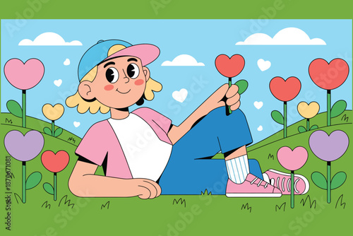 Whimsical illustration of a young character with blonde hair and a cap relaxing in a field of multi colored heart flowers on a sunny day, sweet and innocent concept.