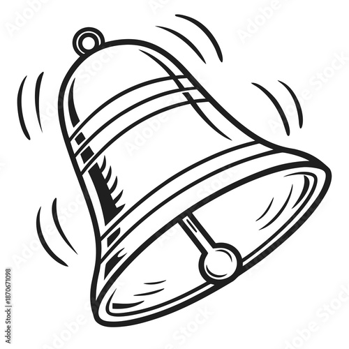 A simple, stylized black and white illustration shows a metal bell ringing vigorously with motion lines indicating sound and vibration.
