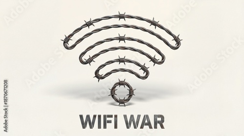 WIFI WAR CONCEPT: A conceptual visual depicting a WIFI symbol intricately crafted from barbed wire, symbolizing the challenges and struggles associated with modern technology.