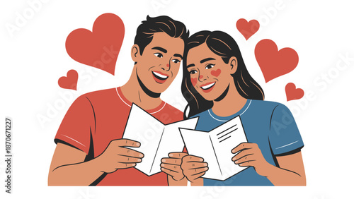 Everlasting Romance: A couple shares an intimate moment, immersed in a shared book, surrounded by hearts. This illustration speaks of love, connection, and the joy of shared experiences.