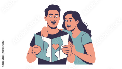 Couple's Travel Plans: A joyful couple gazes at a map, their eyes alight with the thrill of exploration and shared anticipation for adventures ahead. 