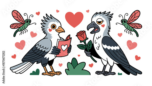 Love Birds' Serenade: Two charming birds, amidst hearts and butterflies, exchange a tender moment, a testament to the sweetness of love and affection.