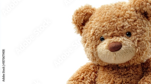A brown toy bear sits on a plain white background. Its plush texture and round face give it a friendly and inviting appearance. This teddy bear looks soft and comforting.