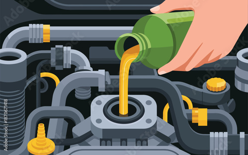 A hand pours oil into a car engine, showcasing maintenance in an industrial setting from a close-up viewpoint.