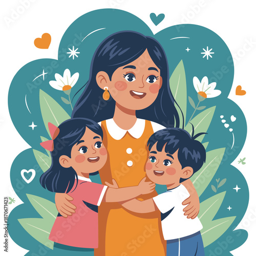 Mother's Embrace: Tender moment as a mother lovingly embraces her children, creating a warm and comforting scene of familial love amidst the bloom of floral illustrations.