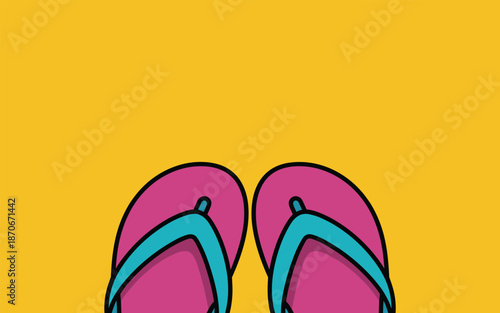 A pair of pink flip flops with blue straps on a bright yellow background viewed from above
