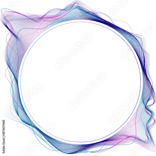Frame with round center of dynamic neon curved, outward-extending lines for concepts in technology, user interface design, and web design. Blue and purple lines. Transparent background.