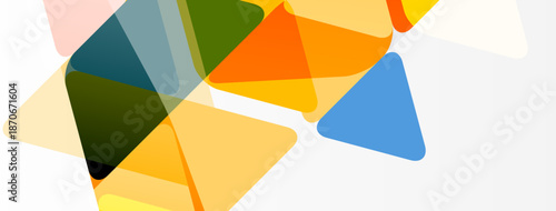 Abstract geometric shapes overlap, creating vibrant color blocks. Yellows, oranges, blues dominate composition. Minimalist design.