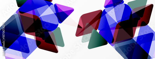 Abstract composition featuring overlapping translucent triangles. Blue, red, green hues create dynamic visual effect. Minimalist design.