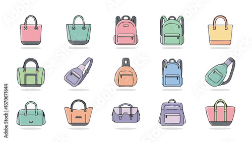 Cute flat vector icons of handbags, backpacks, and travel bags.