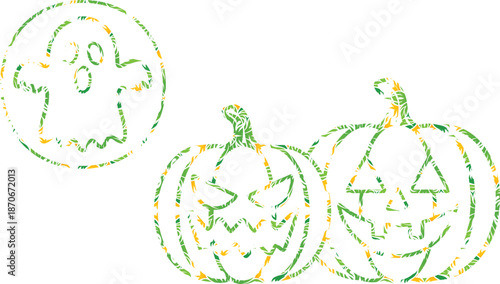 Three distinct elements. On the left, there's a white ghost with a surprised expression, floating inside a blue circle. In the center, there are two orange pumpkins.