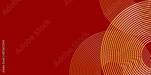 Abstract luxury red background with gold circular line ornament.