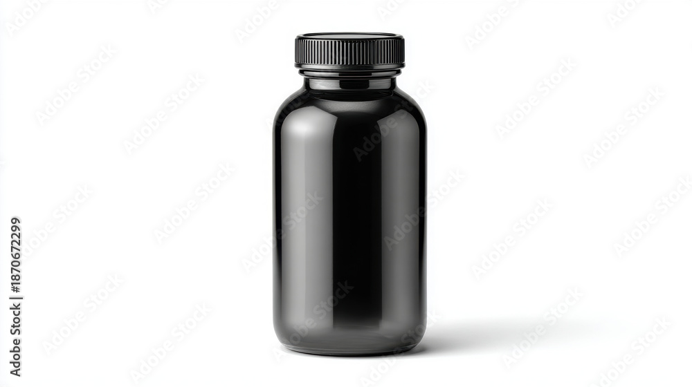 Fototapeta premium A small, dark amber glass bottle with a ribbed black plastic screw-on cap is presented in a studio shot against a clean white backdrop.