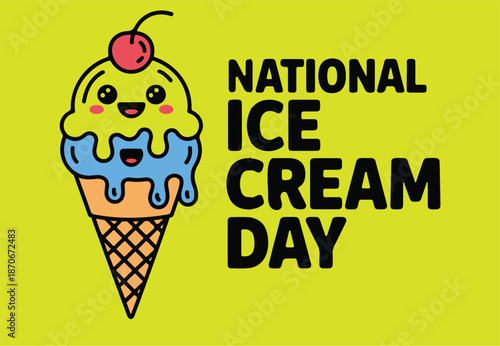 A vibrant and colorful illustration of an ice cream cone with a playful face.