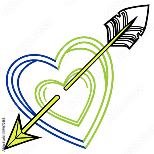 Stylized graphic illustration depicting a bright yellow cupid's arrow piercing multiple nested hearts outlined in vibrant blue and lime green colors