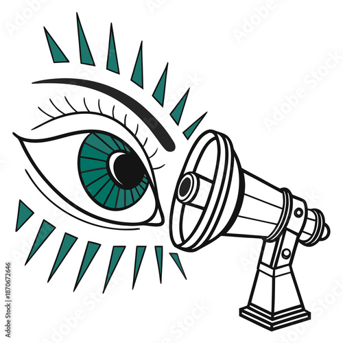 Visionary announcement concept featuring a stylized open eye in teal green color paired with a vintage megaphone for powerful communication alerts and marketing messages