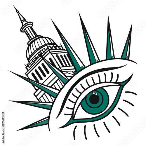 Stylized human eye with sharp spikes radiating outward behind a recognizable government building dome structure.