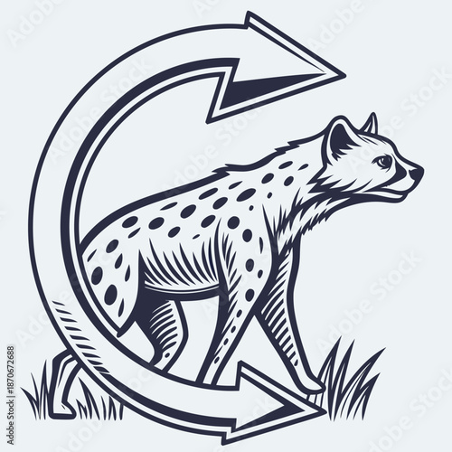 Hyena illustration encircled by a large, curved recycling arrow symbol representing ecology and sustainability.