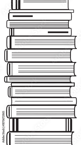 Tall vertical stack of hardcover and paperback books inviting study, reading and literary exploration.