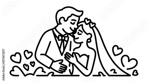 Eternal Bond: Capturing the essence of unity and devotion, a tender illustration portrays a couple embraced in a loving moment, surrounded by hearts that symbolize enduring affection and commitment.